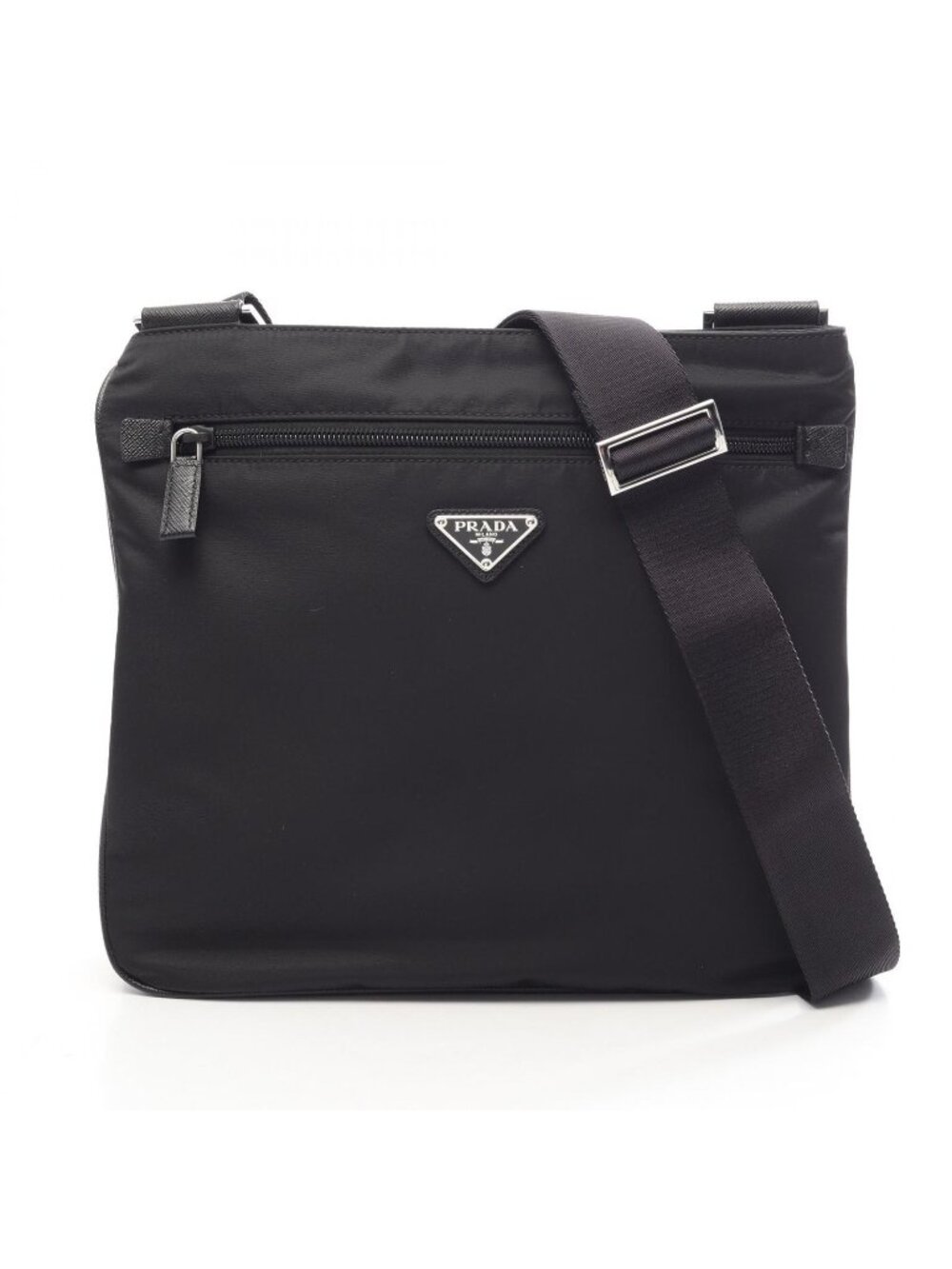Prada Shoulder Bag Triangle Logo Black Nylon Saffiano Leather